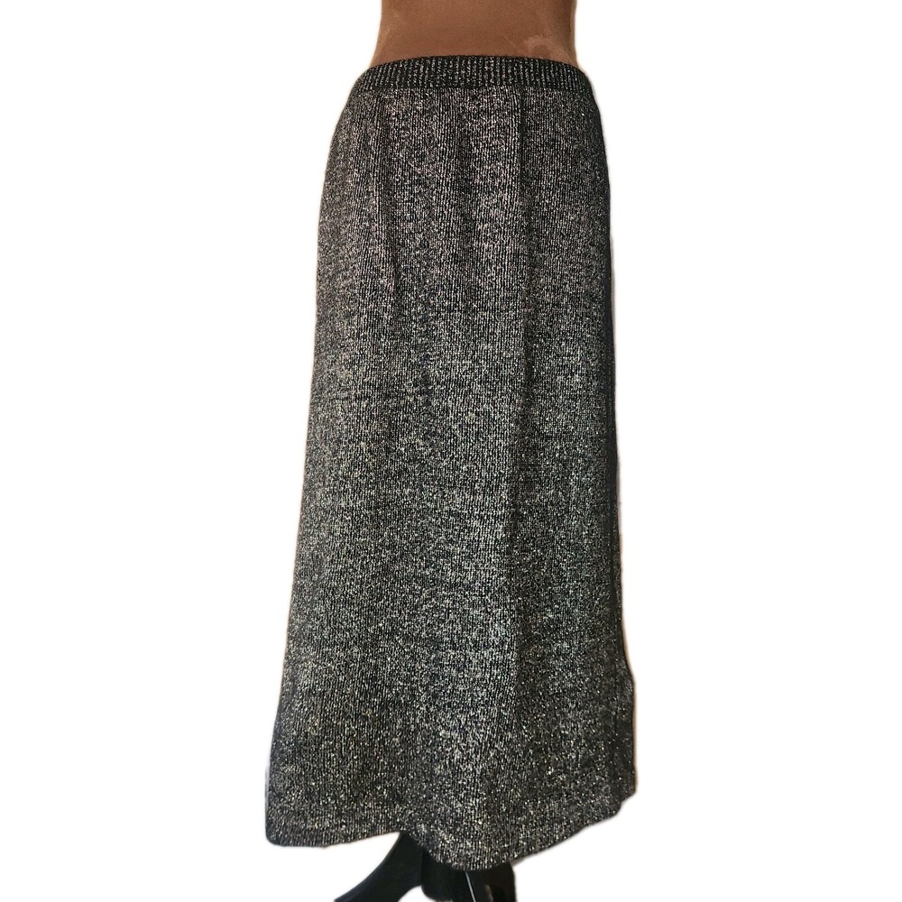 Vintage 80s Midi Skirt Black Gold‎ Metallic Knit Party Holiday Union Made Size L